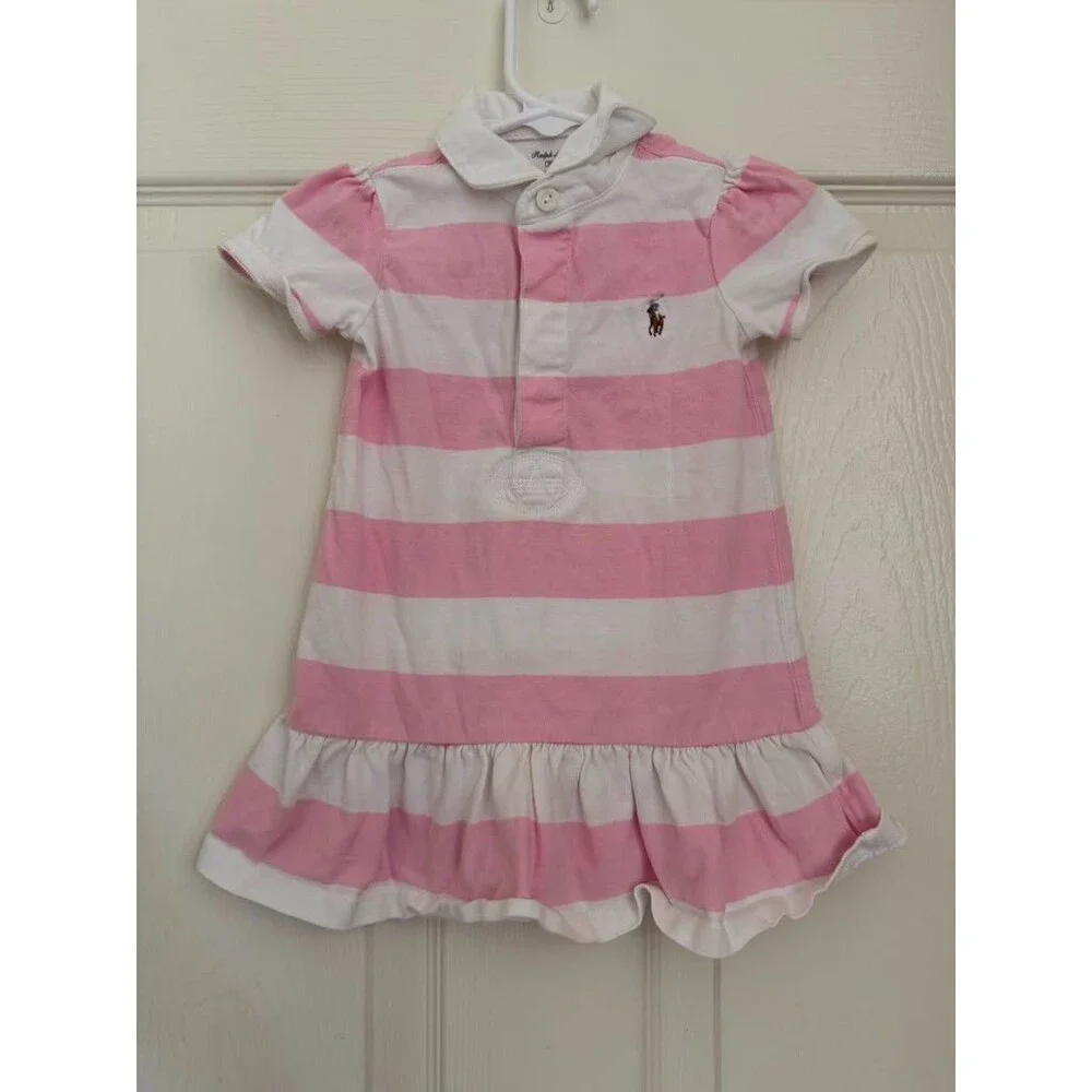 Ralph Lauren Baby Girls Pink White Striped Polo Dress 9M Ruffle Cotton